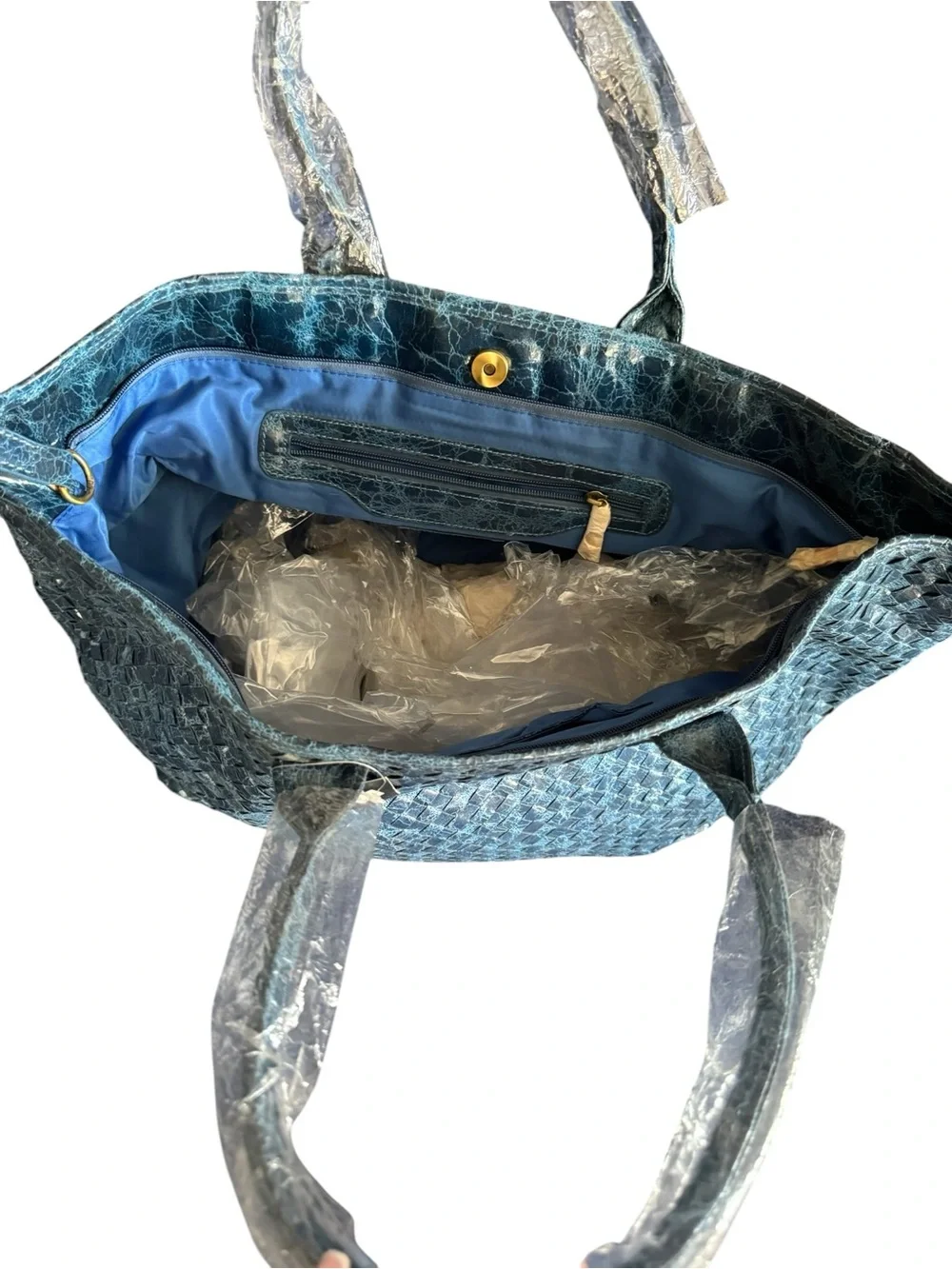 Woven Blue Leather Tote Bag - Women